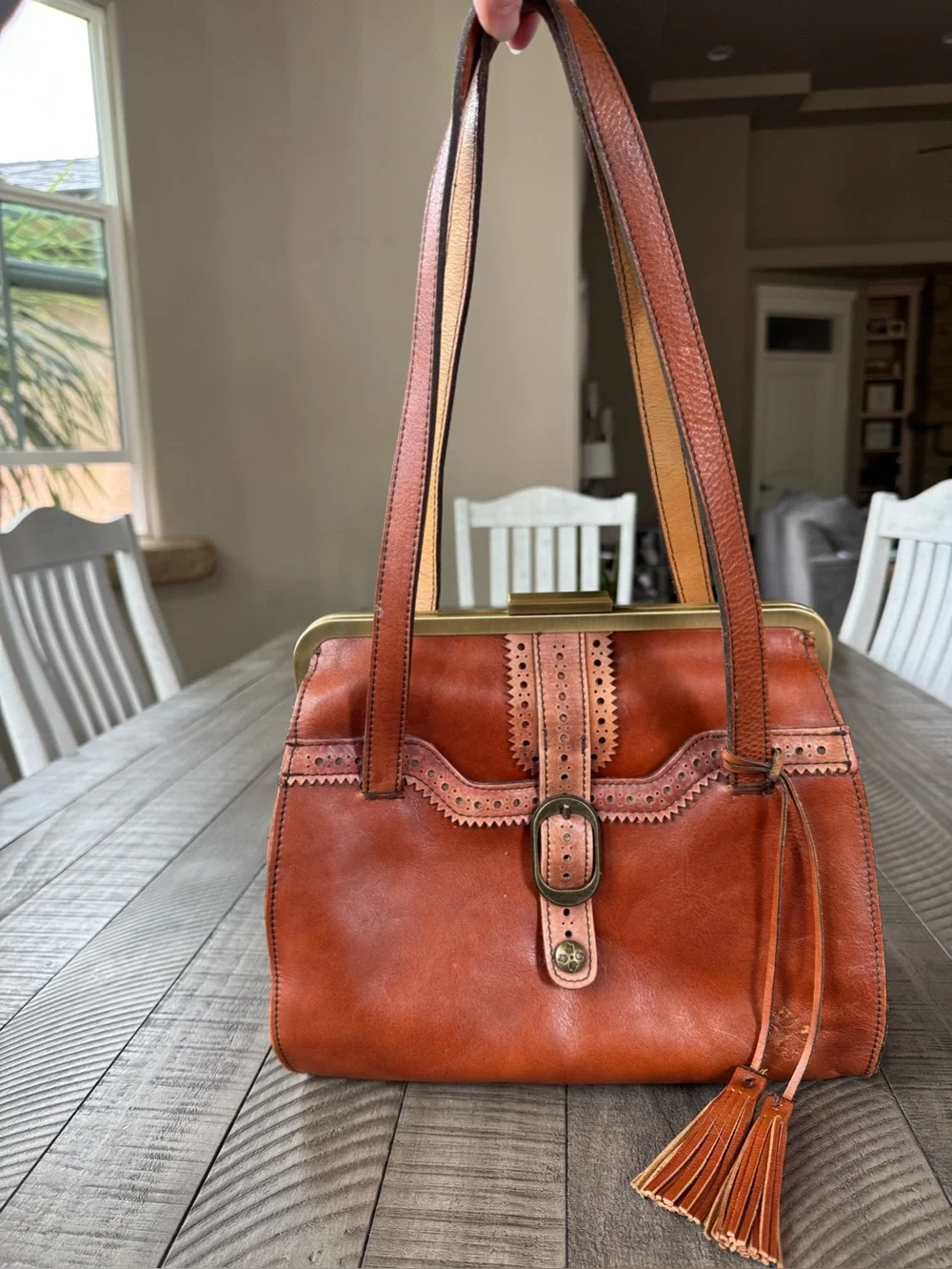 Vintage Patricia Nash Cognac Leather Frame Satchel - Shoulder Bag Purse